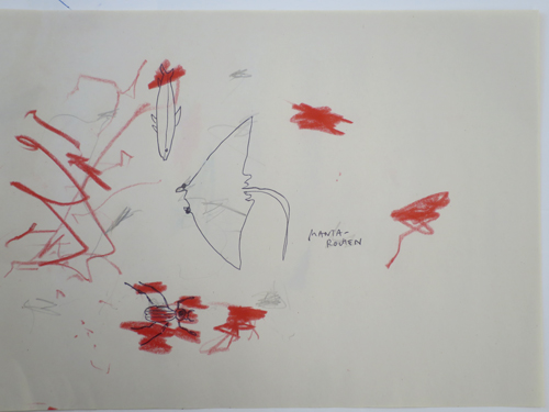 Red drawing ....sometimes sharing a sheet of paper is just perfect